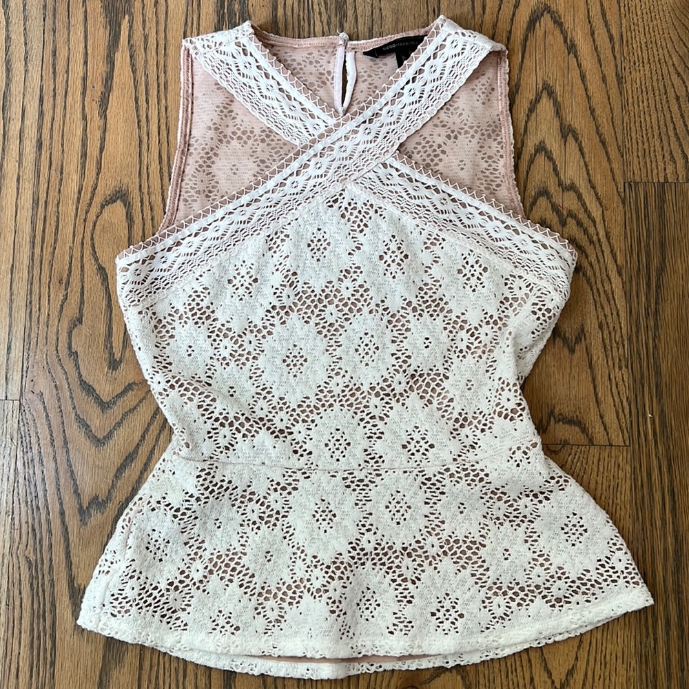BCBG crochet lace peplum top. Size XS